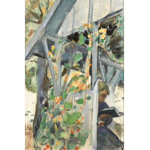 Wojciech WEISS (1875 - 1950), Żona artysty czytająca w altanie
