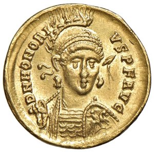 Roman coins Empire - Honorius (393-423) Solid (Constantinople) Bust elm...