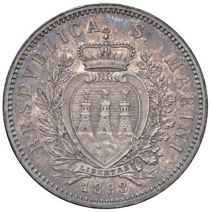 Italian coins - SAN MARINO 5 Lire 1898 - Gig. 17 AG (g 25,00) Graf...