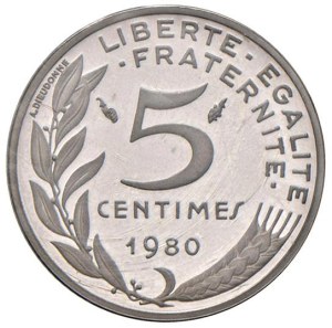 Foreign coins - FRANCE 5 centimes 1980 Piefort - AG In gold envelope...