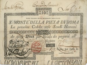 Italian Banknotes - S. MONTE DELLA PIETA DI ROMA Coupon of 10 Scudi ro...