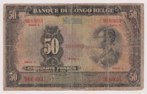 Foreign Banknotes - Belgian Congo - 50 Francs of 1943/52. Diffuse folds...