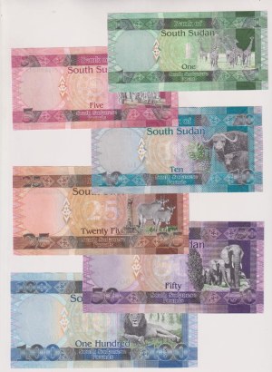 Foreign Banknotes - South Sudan - 1 + 5 + 10 + 25 + 50 + 100 Pounds of the...