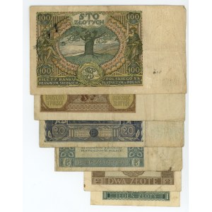 100,50,20,5,2 and 1 gold 1932/1941, set of 6 pieces