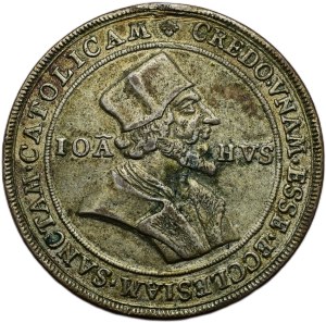 Church medal, Master Jan Hus, Unsigned - Hus thaler - cast b.l. (ca. 18th century) - bust from right, inscription and description / Hus on the border, inscription, two descriptions, Ag 42mm, st.after eyelet, striations, patina, 21.968g