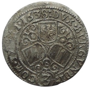 Tyroly, arc. Ferdinand Charles 1632-1662, 3 krejcar 1638 trio of coats of arms