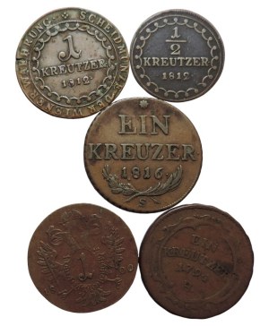 Francis II 1792-1835, Cu 1 krejcar 1794 H, 1800 C, 1812 B, 1816 S + 1/2 krejcar 1812 A 5 pcs