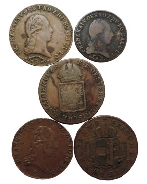 Francis II 1792-1835, Cu 1 krejcar 1794 H, 1800 C, 1812 B, 1816 S + 1/2 krejcar 1812 A 5 pcs