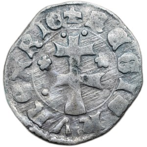 Ludvík z Anjou 1342-1382, denár Huszár 547 kříž s kuličkami a pětilisté květy po stranách