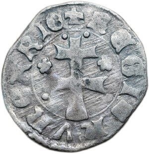 Louis of Anjou 1342-1382, denarius Huszár 547 cross with balls and five-leaved flowers on the sides