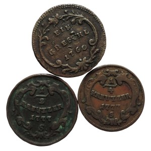 Marie Therese 1740-1780, Cu 1/2 krejcar 1777 S, 1/4 krejcar 1777 S, grešle 1760 3pcs