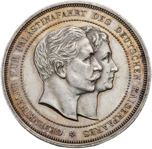 Prussia, Wilhelm II. 1888-1918, Medal AR (commemorative thaler) 1898 commemorating the return of the Imperial and Royal couple from a tour of Palestine, heads of the couple right / Female figure with two wreaths, front view, Collection Mbg. 7138, 14.42 g