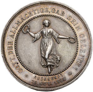 Prussia, Wilhelm II. 1888-1918, Medal AR (commemorative thaler) 1898 commemorating the return of the Imperial and Royal couple from a tour of Palestine, heads of the couple right / Female figure with two wreaths, front view, Collection Mbg. 7138, 14.42 g