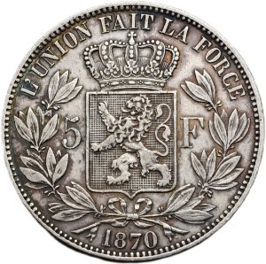 Belgium, Leopold II. 1865-1909, 5 francs 1870