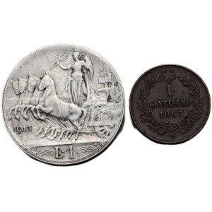 Italy, 1 lira 1913 R + 1 centesimo 1867 M