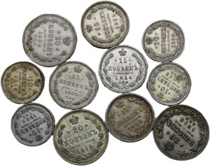 Russia, Nicholas II 1894-1917, 20 kopecks 1909, 1914, 1915, 15 kopecks 1905, 1908, 1914, 1915, 10 kopecks 1909, 1912, 1914, 1915