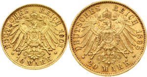 Germany Bavaria 20 Mark 1895 D & 10 Mark 1901 D Lot of 2 coins