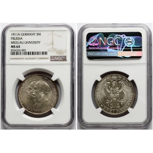 Germany Prussia 3 Mark 1911 A University of Breslau NGC MS 64