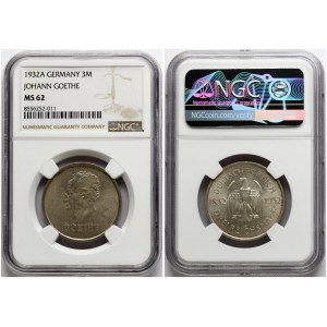 Germany Weimar Republic 3 Reichsmark 1932 A Goethe NGC MS 62