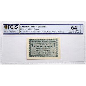 Lithuania 1 Centas 1922 PCGS 64 Choice Unc