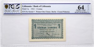 Lithuania 1 Centas 1922 PCGS 64 Choice Unc