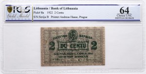 Lithuania 2 Centu 1922 PCGS 64 Choice Unc