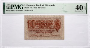 Lithuania 10 Centu 1922PMG 40 Extremely Fine EPQ