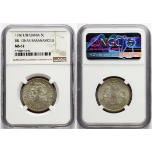 Lithuania 5 Litai 1936 Basanavicius NGC MS 62