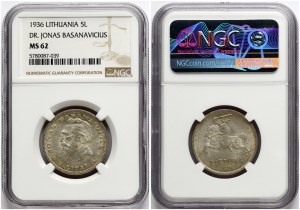 Lithuania 5 Litai 1936 Basanavicius NGC MS 62