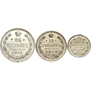 Russia 5 - 20 Kopecks 1891-1915 Lot of 3 coins