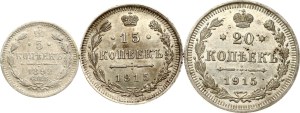 Russia 5 - 20 Kopecks 1892 & 1915 Lot of 3 coins