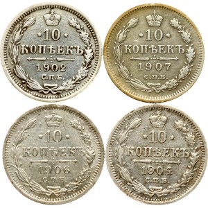 Russia 10 Kopecks 1902-1907 Lot of 4 coins