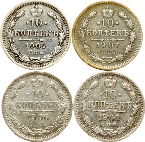 Russia 10 Kopecks 1902-1907 Lot of 4 coins