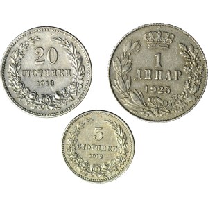 Bulgaria 5 Stotinki 1912, 20 stotinki 1913, Yugoslavia dinar 1925 - set of 3 pieces