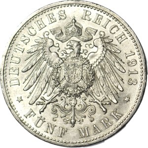 Allemagne, Prusse, Guillaume II, 5 marks 1913 A, très beau