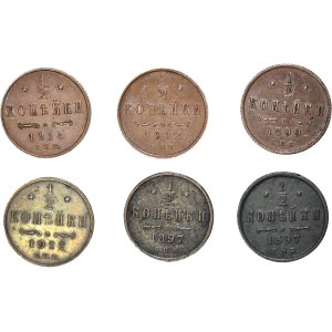 Russia, Nicholas II, 1/2 kopecks 2x 1897, 1899, 1912, 1914, set of 6 pcs.