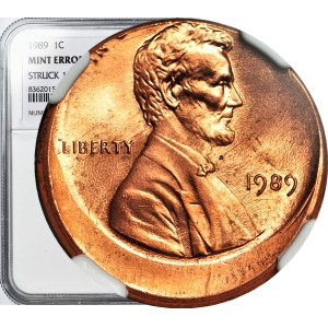 Stany Zjednoczone Ameryki (USA), 1 cent 1989, DESTRUKT, przesunięcie bicia 15%