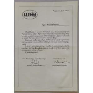 [Autograf] Tadeusz Mazowiecki dla Anieli Górskiej - Guttowej [Wybory parlamentarne 1993]