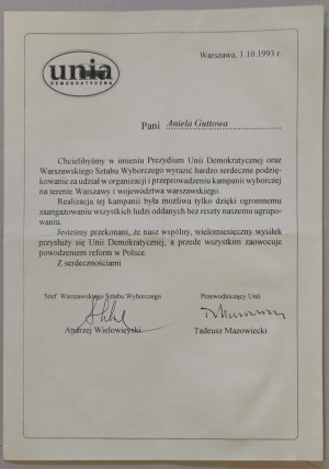 [Autograph] Tadeusz Mazowiecki for Aniela Gorska - Guttowa [Parliamentary Elections 1993].