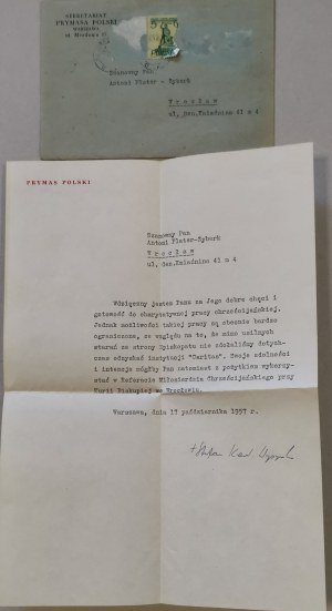 [Autograph - Primate Stefan Wyszynski] Letter and envelope, addressee Antoni Plater-Zyberk, 1957.