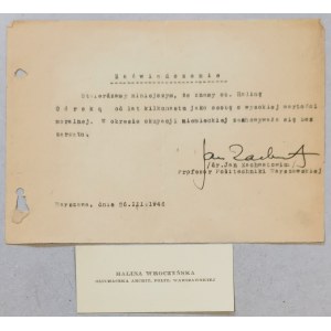 [Autograf] Jan Zachwatowicz [Zaświadczenie dla Haliny Górskiej, 1946r.]