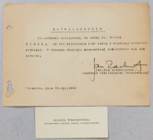 [Autograph] Jan Zachwatowicz [Certificate for Halina Gorska, 1946].