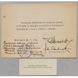 [Autografy] Jan Zachwatowicz i Zdzisław Mączeński [poświadczenie dla Haliny Górskiej, 1946r.]