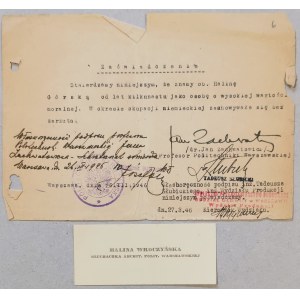 [Autografy] Jan Zachwatowicz i Tadeusz Słubicki [zaświadczenie dla Haliny Górskiej, 1946r.]