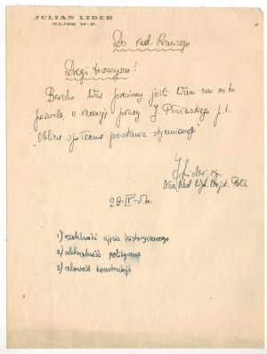 [Letter] Julian Lider Major W.P., Chief Editor. Publishing of the Military. Polit. dated 28.IV.1951 to editor B.Krauze