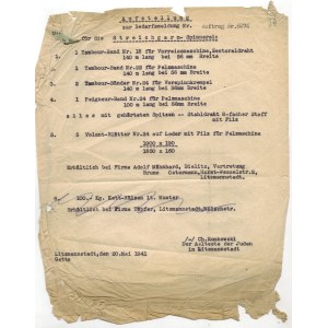 Zamówienie do getta łódzkiego, Chaim Rumkowski, 20 maj 1941[maszynopis, mat. włókiennicze?]