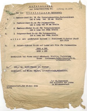 Order to the Lodz Ghetto, Chaim Rumkowski, May 20, 1941[typescript, textile mat?]