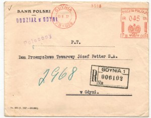 [Envelope] Bank Polski branch in Gdynia from 1937 [addressee: D.P.-T. Józef Fetter S.A., sticker!]