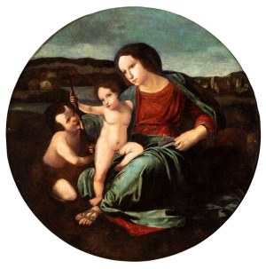 Raffaello Sanzio (seguace di) (Urbino 1483 - Roma 1520), Virgin with Child and Saint John the Baptist