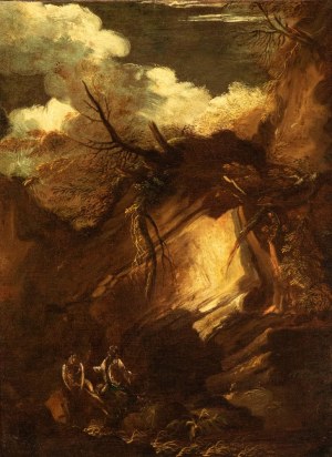 Salvator Rosa (cerchia di) (Napoli 1615 - 1673), Landscape with Hermit Saints